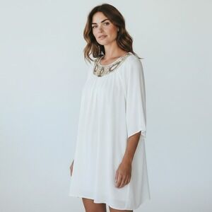 H&M Tunic Dress Beaded Neckline Sheer Overlay Cream Size 4